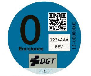 EJemplo de etiqueta distintivo ambiental "cero emisiones", que convierte el precio zona SER Madrid en gratuito.