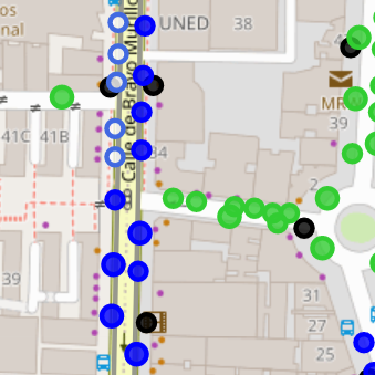 Captura detalle de ubicaciones de plazas azules, verdes y blanquiazules de alta rotación en el mapa deAyuda
