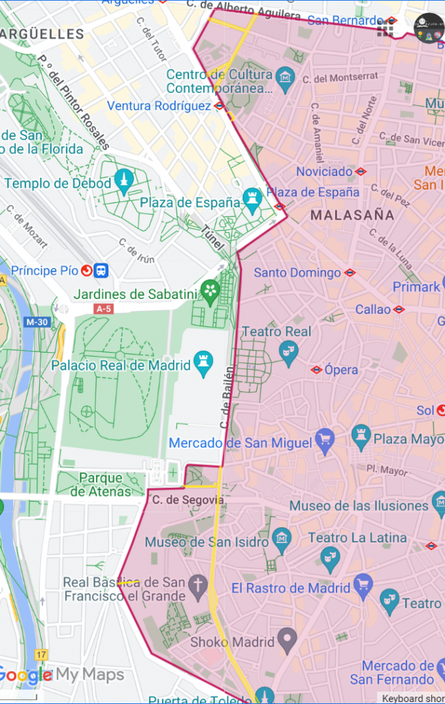 captura de parte del mapa de MadridCentral googleMyMaps deAyuda en que se ven coloreadas las calles de libre circulación