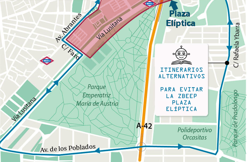 El itinerario alternativo para evitar plaza elíptica desde la A42 es Avenida de los Poblados