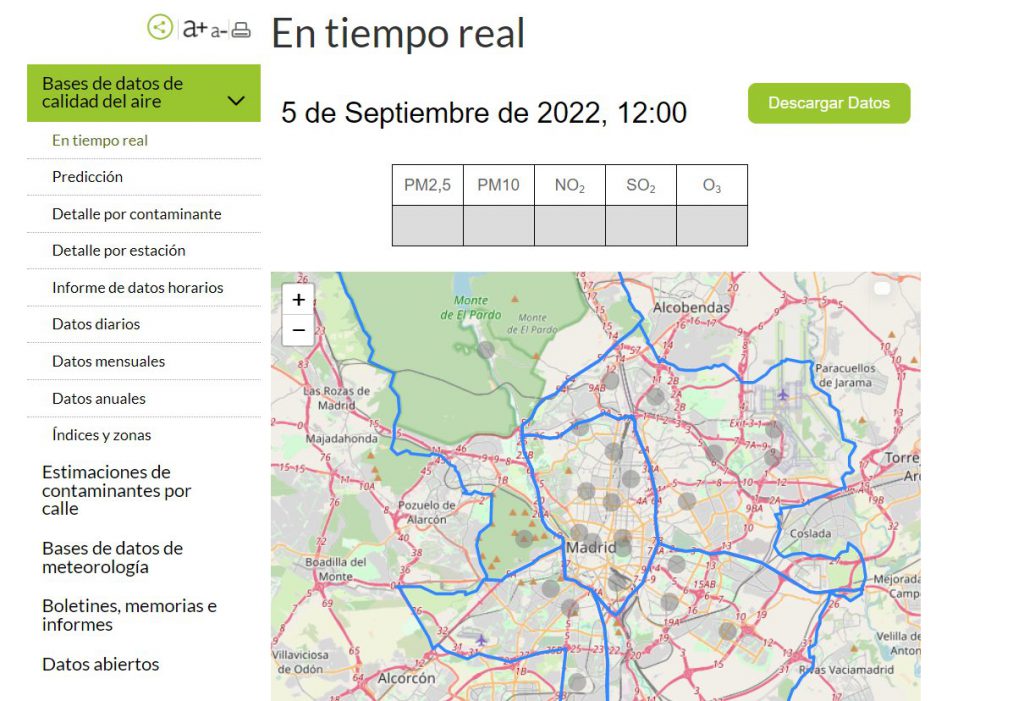 Captura de la web del Ayuntamiento en que las estaciones de medición de calidad del aire aparecen sin color y sin datos