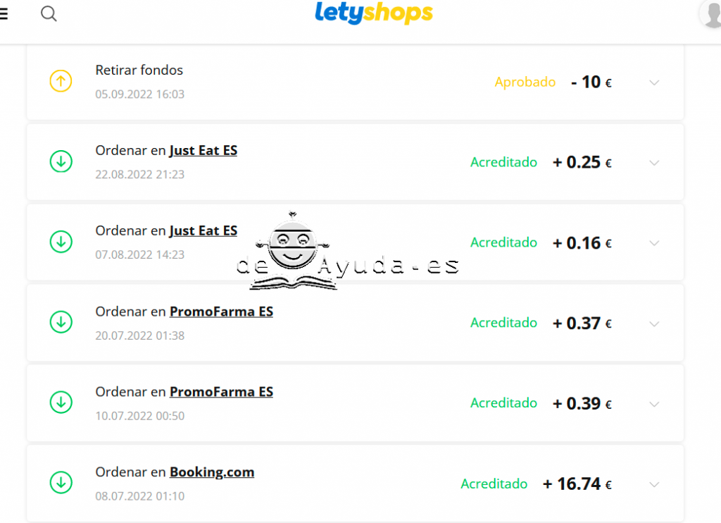 captura web letyshops listado compras con cashback acreditado (dinero ganado comprando)