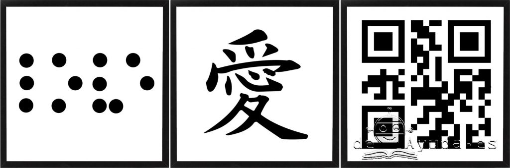 La palabra "love" escrita en 3 lenguajes: braille, kanji y código QR
