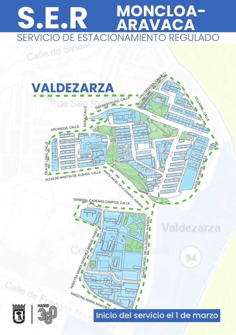 Barrios zona SER 2023: plano calles Valdezarza a las que se ampliará el SER el 1 de marzo. Póster del Ayto. de Madrid.