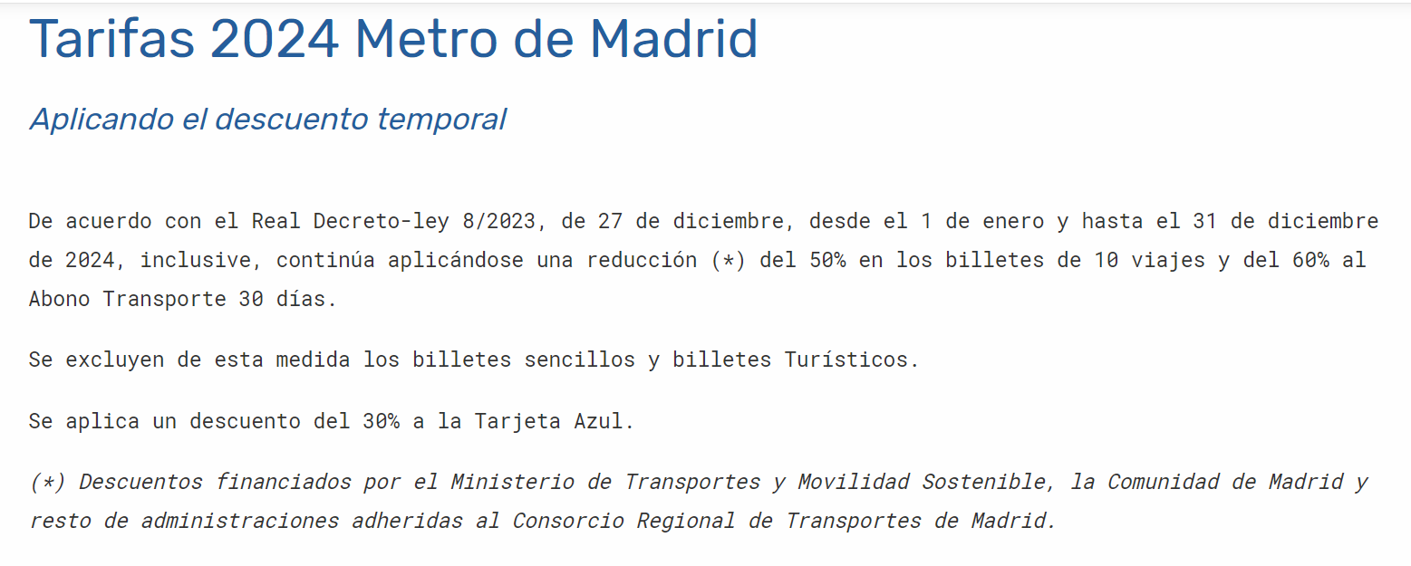 Captura de la web metromadrid. El precio con descuento se mantiene hasta 31 diciembre de 2024.
