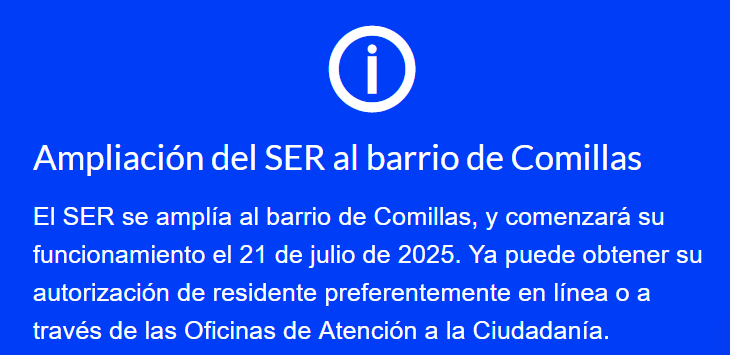 Captura mensaje aviso azul grande en lo alto de algunas páginas de la web del Ayuntamiento madrid.es acerca del comienzo de la zona SER en Comillas.