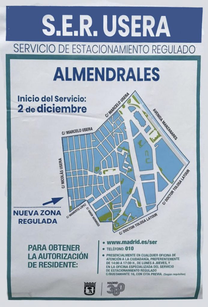 Plano calles SER en Almendrales Usera desde el 2 diciembre 2024