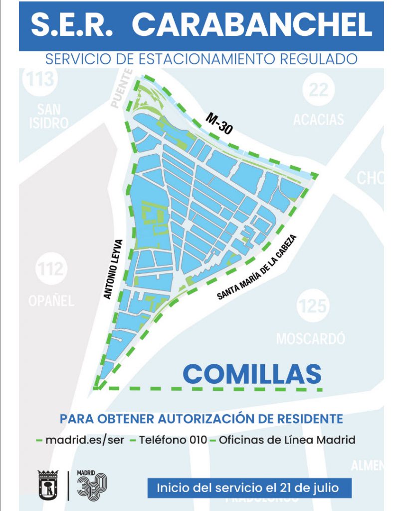 plano calles límite de la zona SER de Comillas: triángulo entre las calles Antonio Leyva, Santa María de la Cabeza y la M-30.