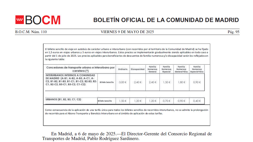 Tabla precios transporte público interurbano Madrid desde 1 de julio de 2025. Captura del BOCM.